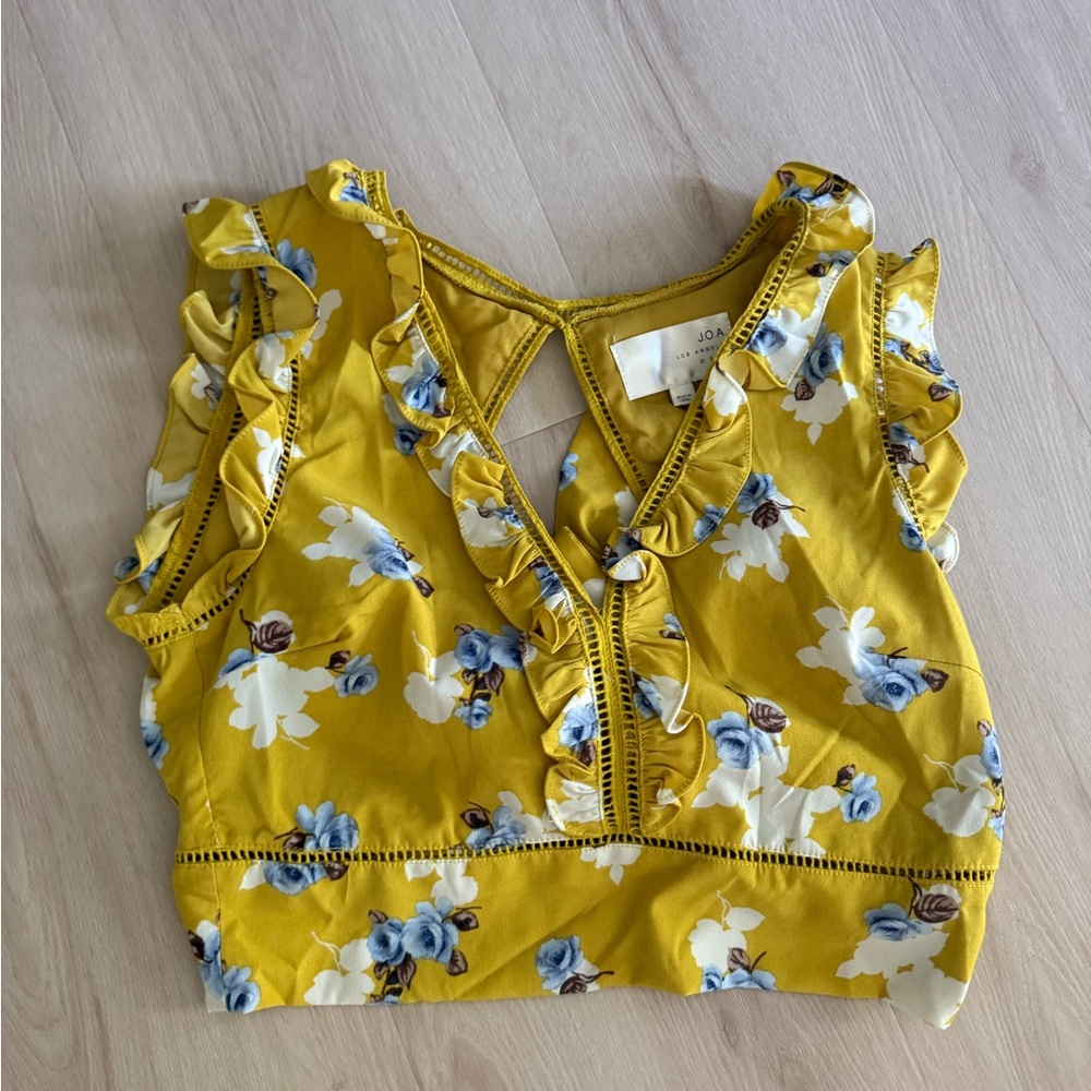 J.O.A Los Angeles Floral Ruffle Yellow Crop Top w/ tie back